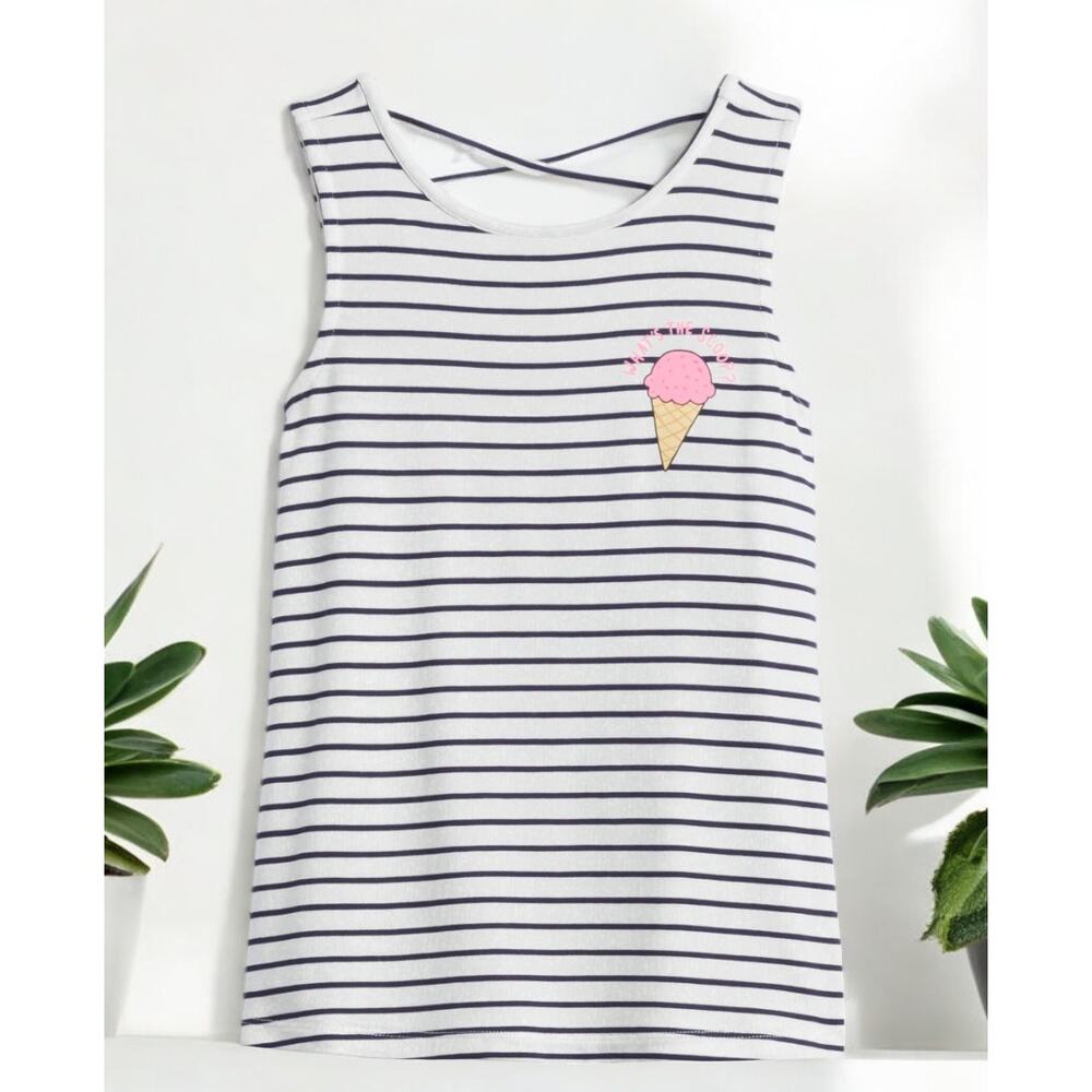 Rumi Ryder Striped Tank Top Ice Cream Graphic Cross Back M 8 10 Summer Cute